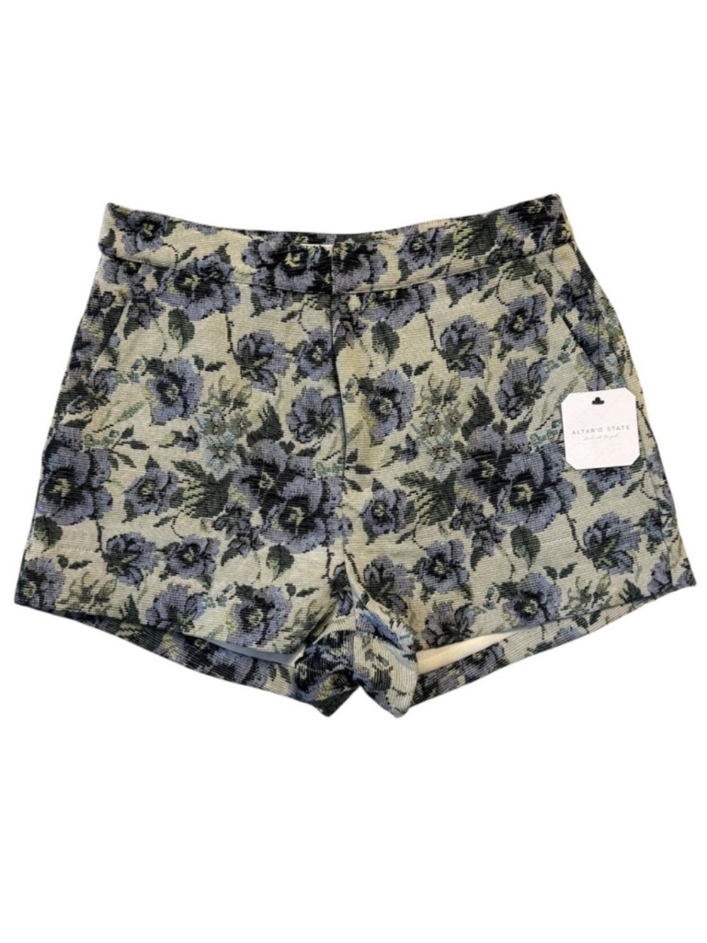 Altar'd State‎ Ivory & Blue Floral Jacquard High Waist Shorts NWT Size Small